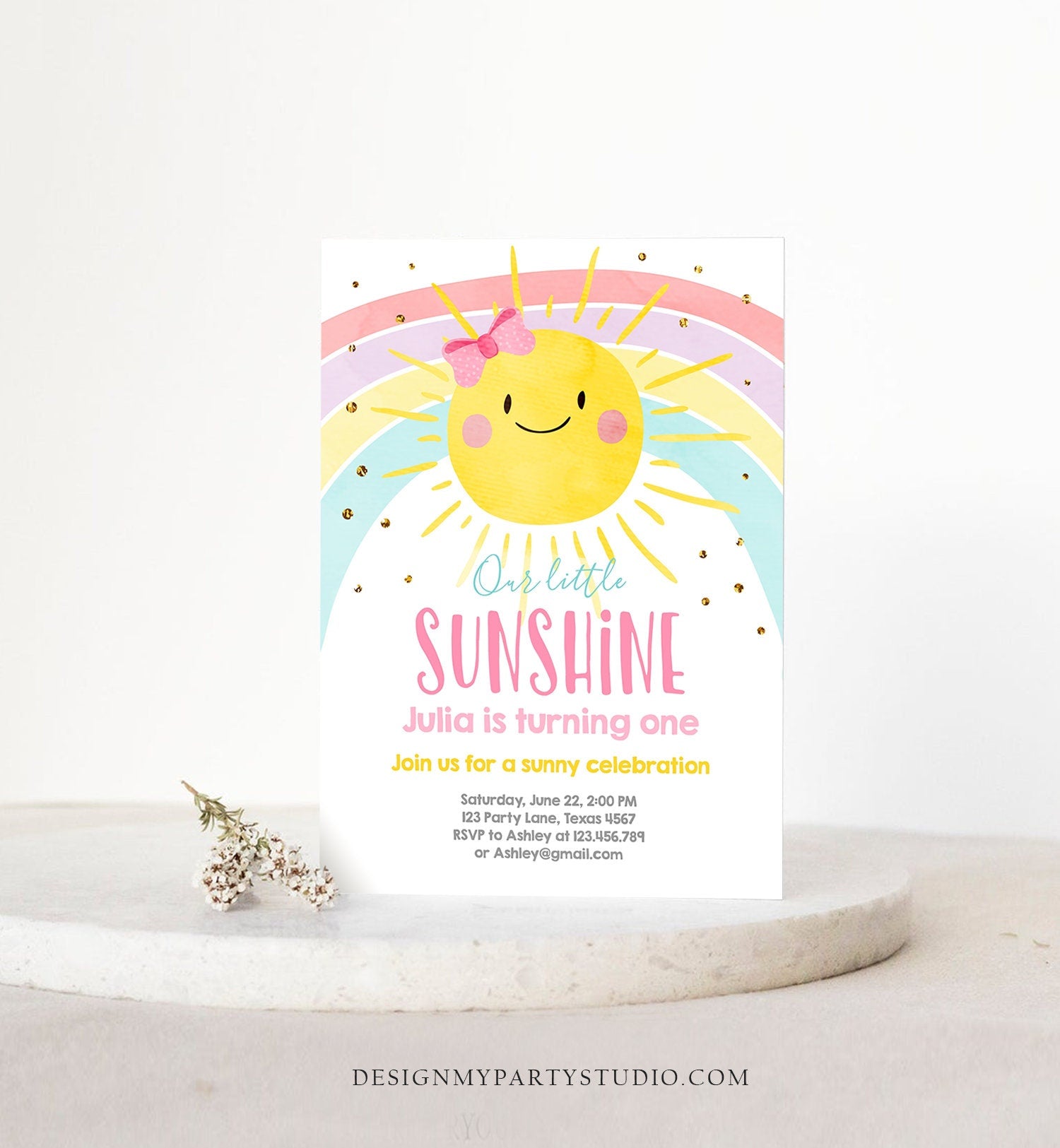 Editable Sunshine and Rainbow Birthday Invitation Pastel Rainbow Birthday Sunshine 1st Birthday Party Girl Digital Template Printable 0402