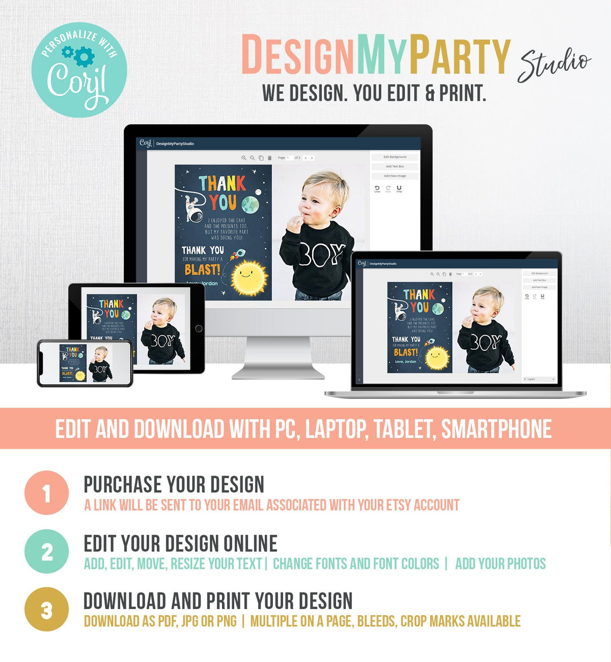 Editable Space Birthday Thank You Card Space Astronaut To the Moon Galaxy Thank You Note Download Printable Template Digital Corjl 0046