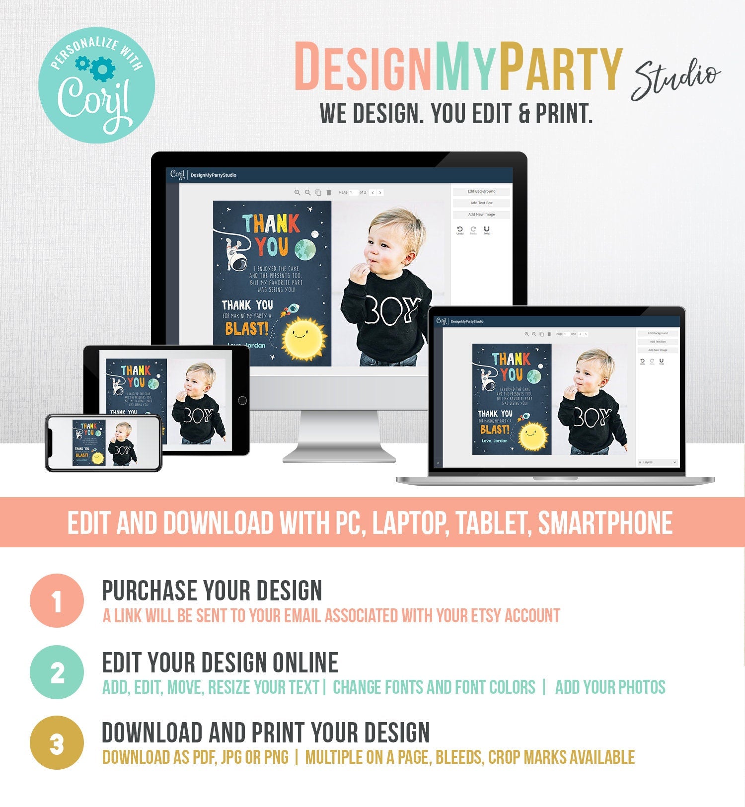 Editable Space Birthday Thank You Card Space Astronaut To the Moon Galaxy Thank You Note Download Printable Template Digital Corjl 0046