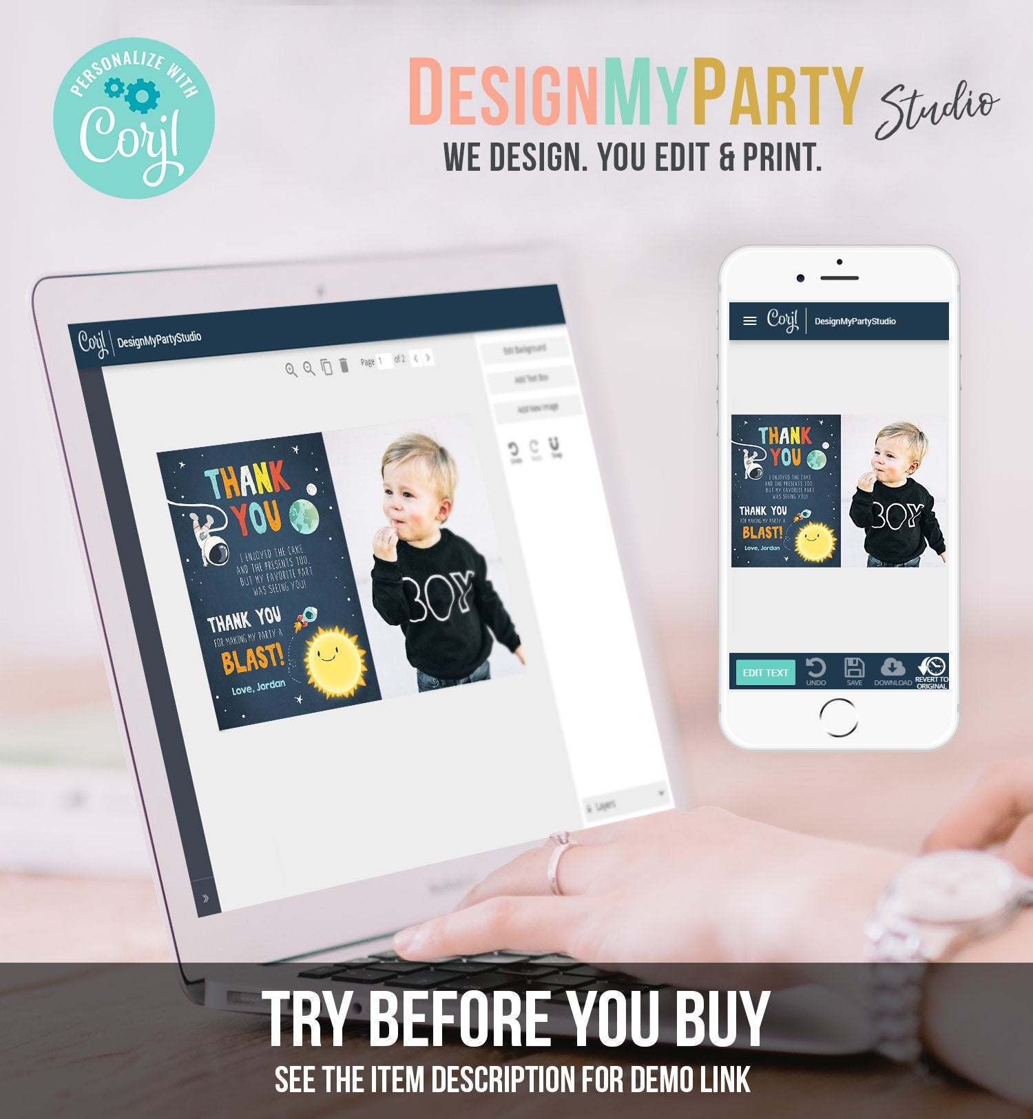 Editable Space Birthday Thank You Card Space Astronaut To the Moon Galaxy Thank You Note Download Printable Template Digital Corjl 0046