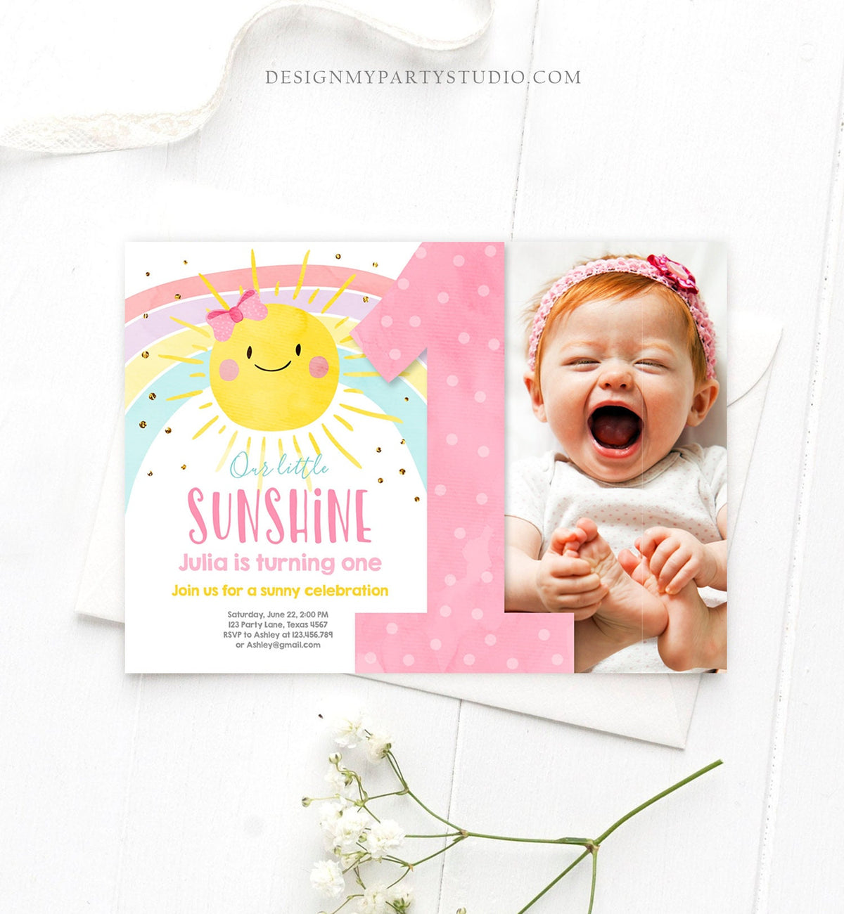 Editable Sunshine Birthday Invitation Pastel Rainbow Birthday Sun 1st Birthday Party Girl Download Evite Digital Download Template 0402