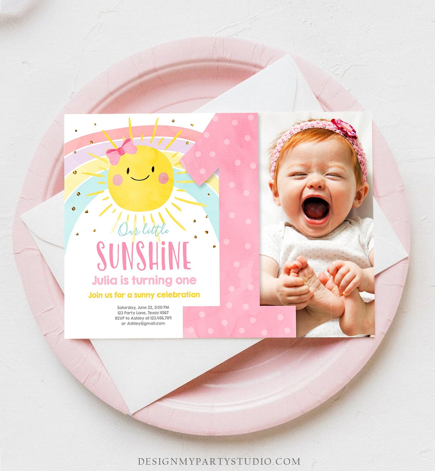 Editable Sunshine Birthday Invitation Pastel Rainbow Birthday Sun 1st Birthday Party Girl Download Evite Digital Download Template 0402
