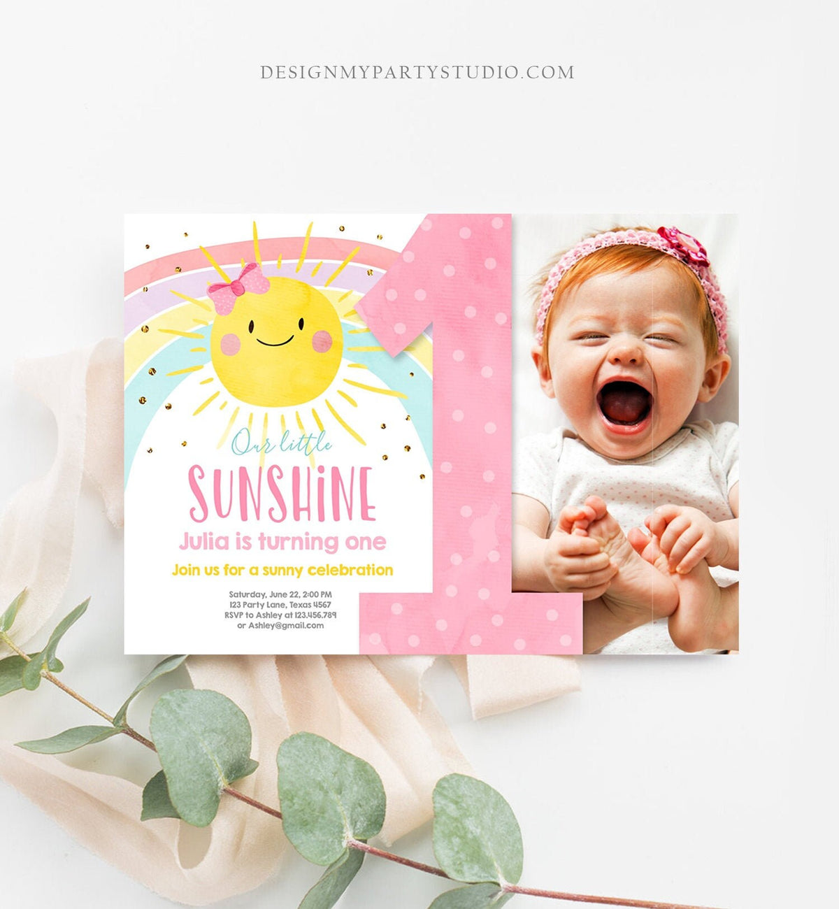 Editable Sunshine Birthday Invitation Pastel Rainbow Birthday Sun 1st Birthday Party Girl Download Evite Digital Download Template 0402