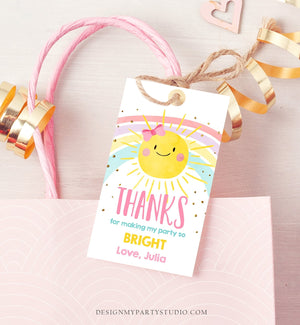 Editable Sunshine and Rainbows Favor tags Little Sunshine Birthday Thank you tag Girl Pink Summer Sunshine template PRINTABLE Corjl 0402