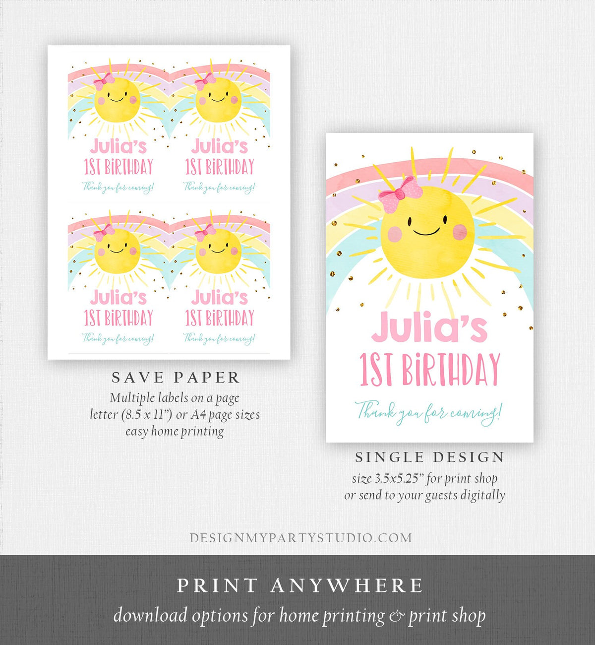 Editable Sunshine and Rainbow Capri Sun Labels Juice Pouch Labels Sunshine Birthday Girl Pink Gold Download Corjl Template Printable 0402