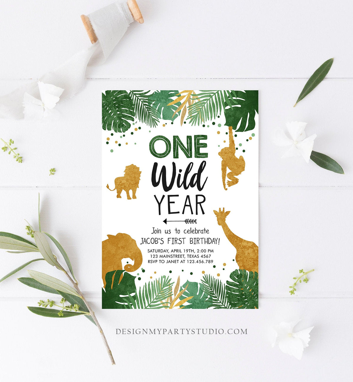 Editable Wild One Birthday Invitation Safari Animals Party Animals One Wild Year Black Gold First Birthday 1st Evite Template Printable 0016