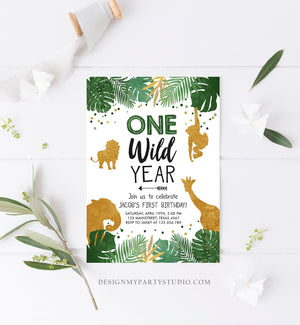 Editable Wild One Birthday Invite Safari Animals Jungle One Wild Year Black Gold First Birthday 1st Download Printable Corjl Template 0016