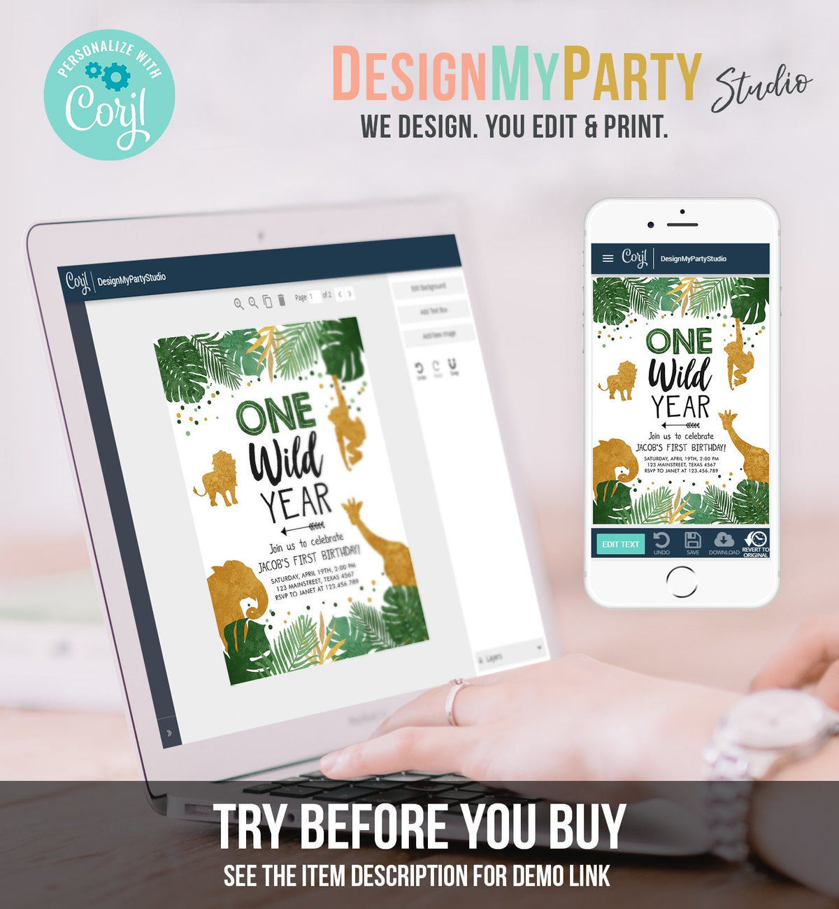 Editable Wild One Birthday Invitation Safari Animals Party Animals One Wild Year Black Gold First Birthday 1st Evite Template Printable 0016