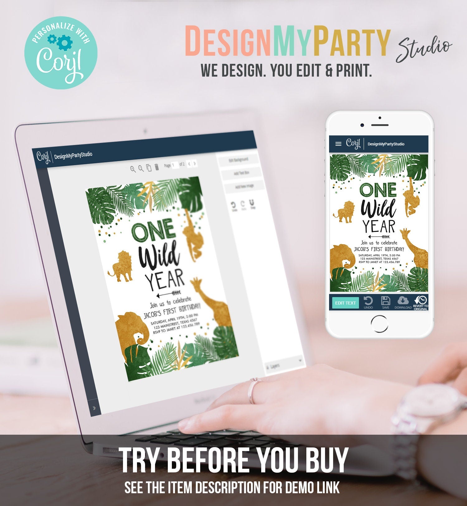 Editable Wild One Birthday Invitation Safari Animals Party Animals One Wild Year Black Gold First Birthday 1st Evite Template Printable 0016