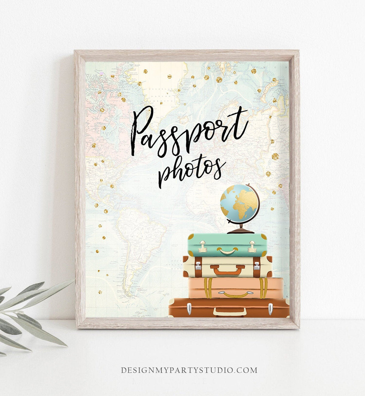 Passport Photos Sign Travel Adventure Bridal Shower Wedding Photo Booth Sign Around World Gold Confetti Instant Download Printable 0263