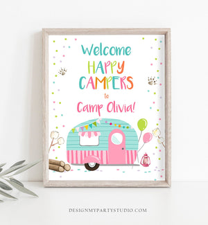Editable Happy Camper Welcome Sign Camp Birthday Party Girl Pink Smores Bear Camping Glamping Outdoor Fishing Lumberjack Corjl Template 0342