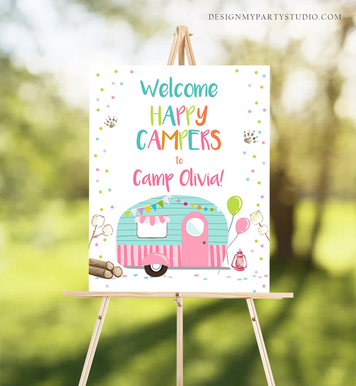 Editable Happy Camper Welcome Sign Camp Birthday Party Girl Pink Smores Bear Camping Glamping Outdoor Fishing Lumberjack Corjl Template 0342