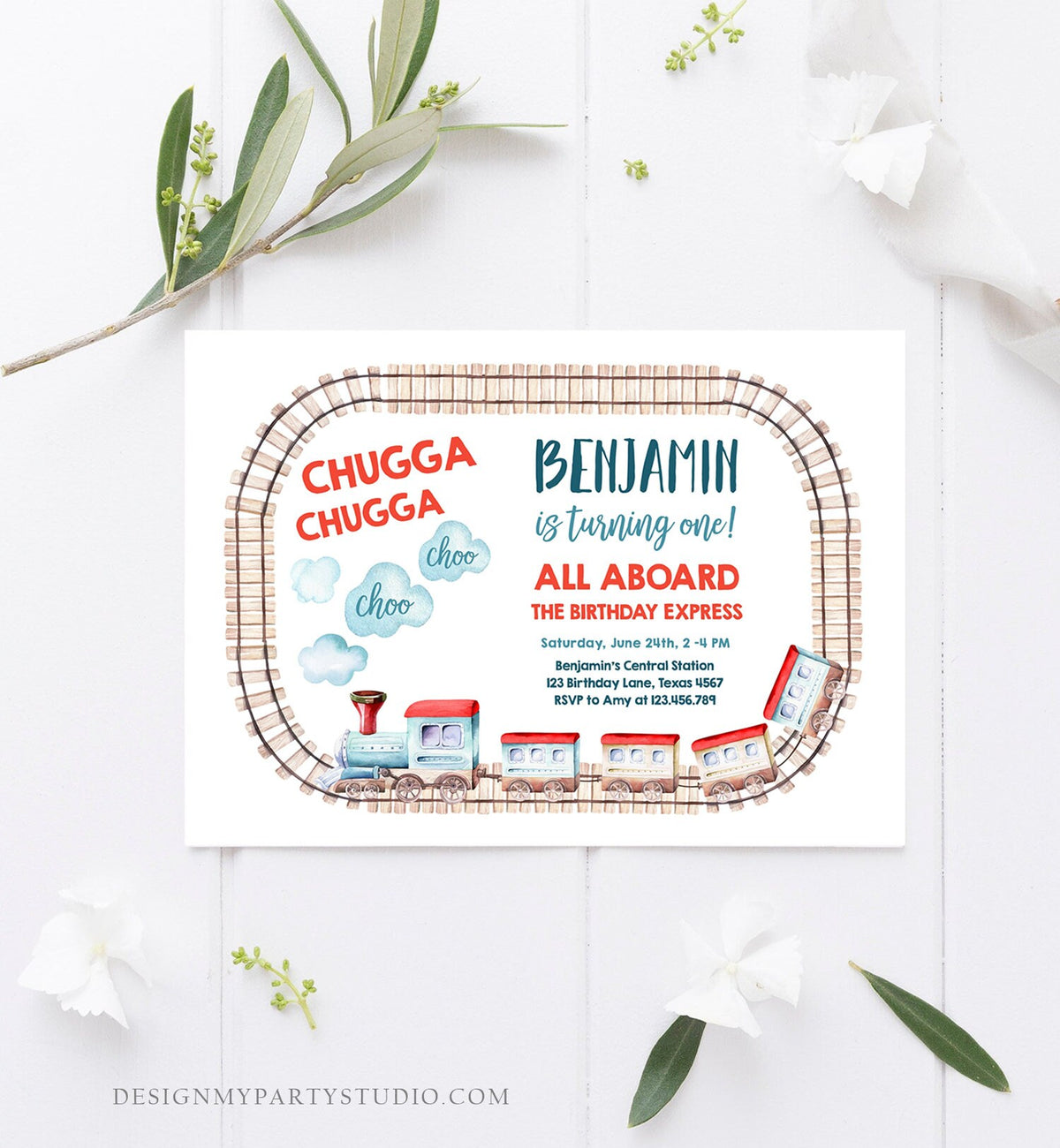 Editable Train Birthday Invitation Vintage Train Party Train Invitation Chugga Choo All Aboard Boy Download Printable Template Corjl 0149