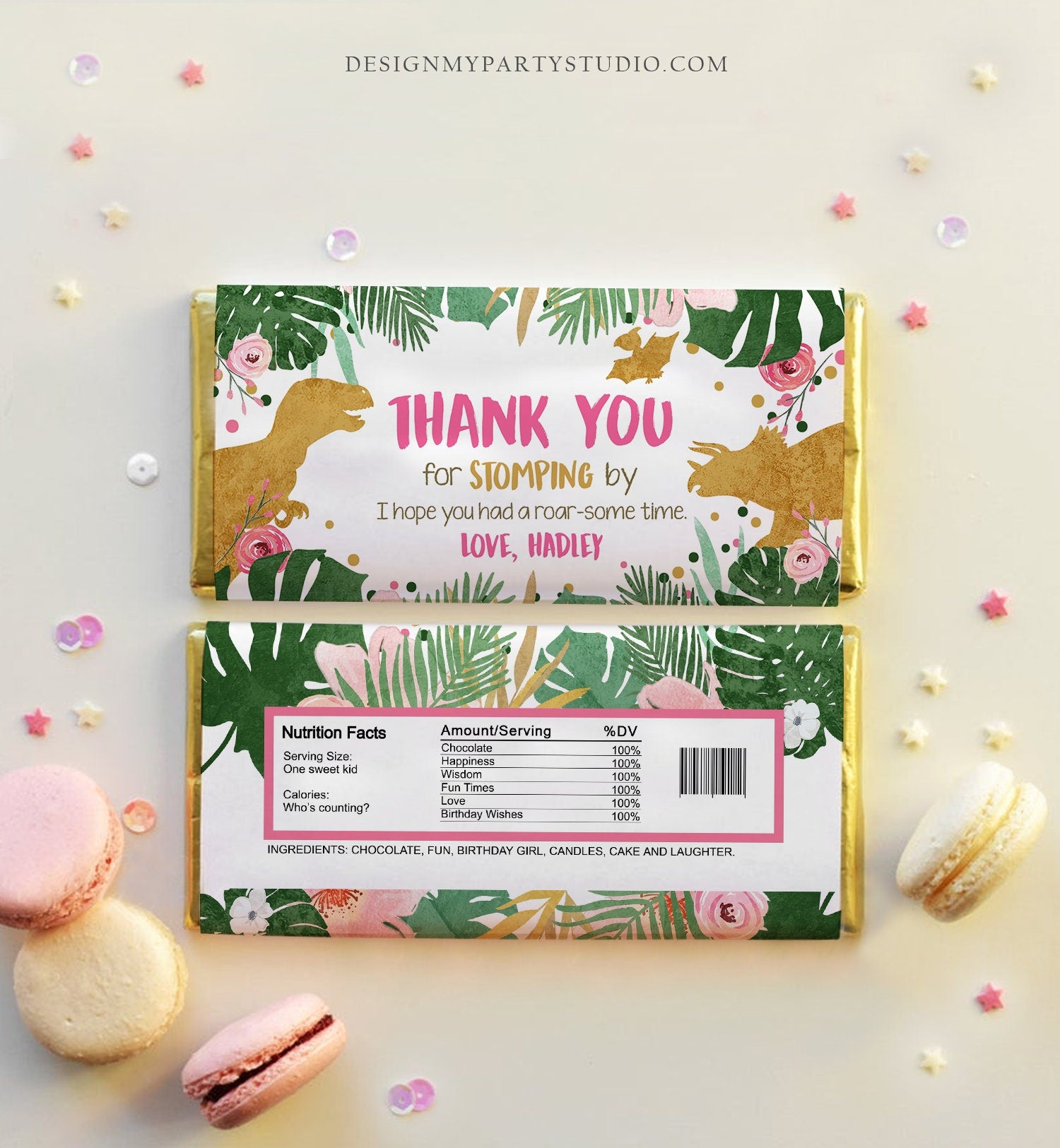 Editable Dinosaur Chocolate Bar Labels Candy Bar Wrapper Safari Tropical Gold Pink Girl Birthday Digital Download Template Printable 0146