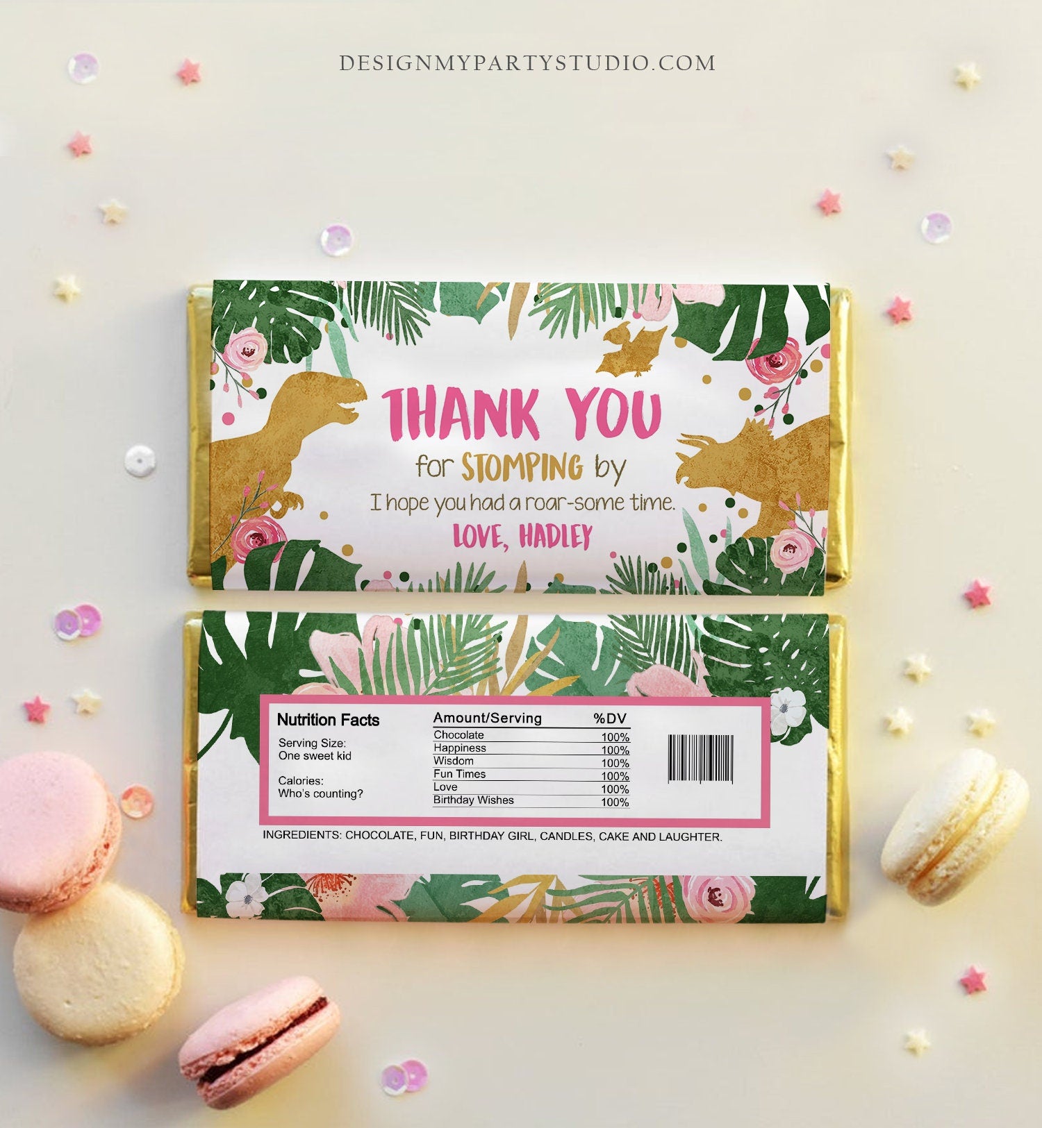 Editable Dinosaur Chocolate Bar Labels Candy Bar Wrapper Safari Tropical Gold Pink Girl Birthday Download Corjl Template Printable 0146