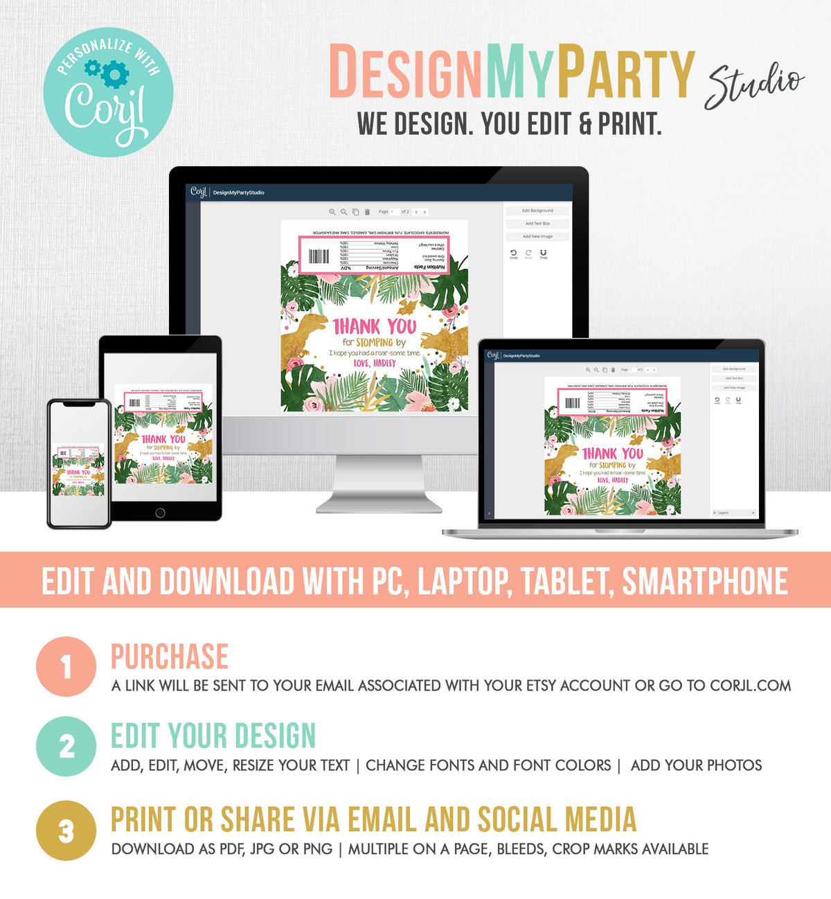 Editable Dinosaur Chocolate Bar Labels Candy Bar Wrapper Safari Tropical Gold Pink Girl Birthday Digital Download Template Printable 0146