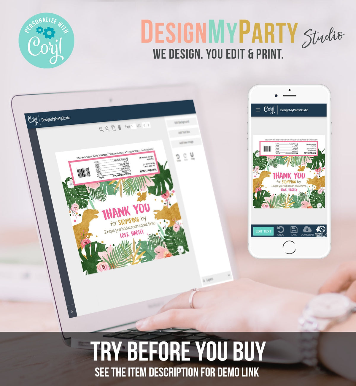 Editable Dinosaur Chocolate Bar Labels Candy Bar Wrapper Safari Tropical Gold Pink Girl Birthday Digital Download Template Printable 0146