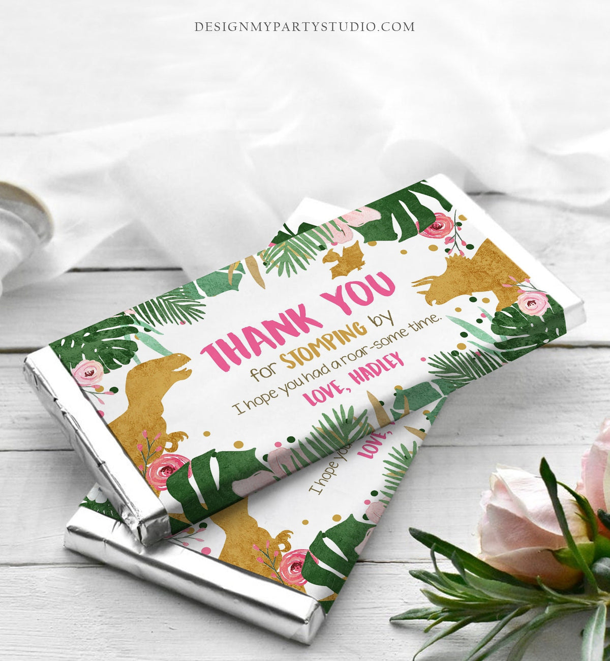 Editable Dinosaur Chocolate Bar Labels Candy Bar Wrapper Safari Tropical Gold Pink Girl Birthday Digital Download Template Printable 0146