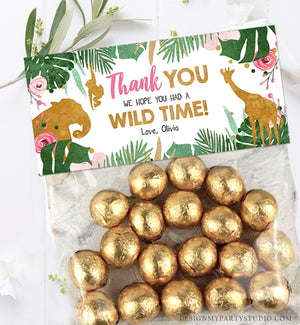 Editable Safari Animals Treat Bag Toppers Party Animals Girl Birthday Wild Time Wild One Pink Gold Zoo Digital Template Printable 0016