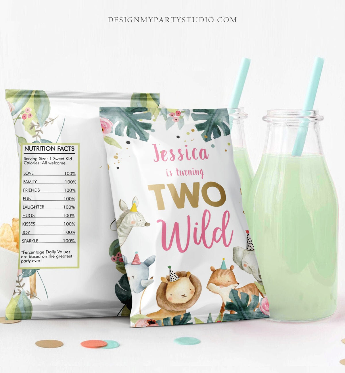 Editable Two Wild Birthday Chip Bag Safari Animals Second Birthday Girl Pink Watercolor Party Animals Favors Digital Corjl Template 0163