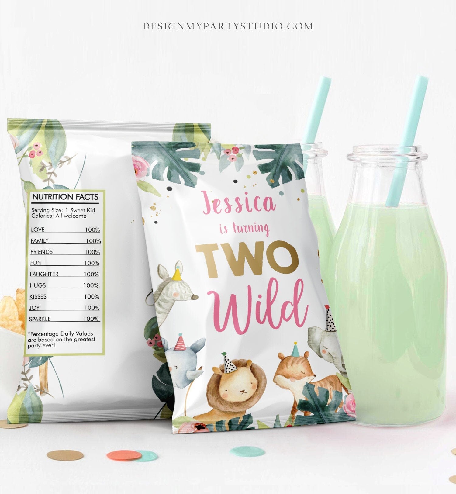 Editable Two Wild Birthday Chip Bag Safari Animals Second Birthday Girl Pink Watercolor Party Animals Favors Digital Corjl Template 0163