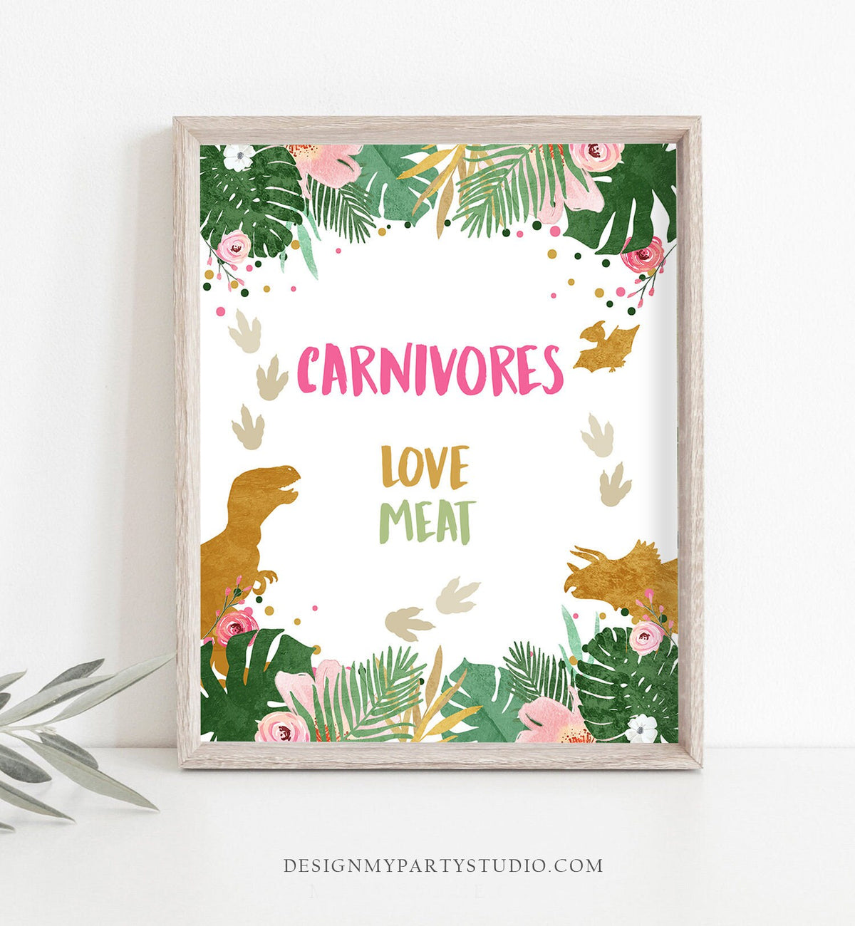 Carnivores Dinosaur Birthday Sign Food Table Decor Dinosaur Birthday Dino Party Girl Pink Gold Dino T-Rex Table Sign Download Printable 0146