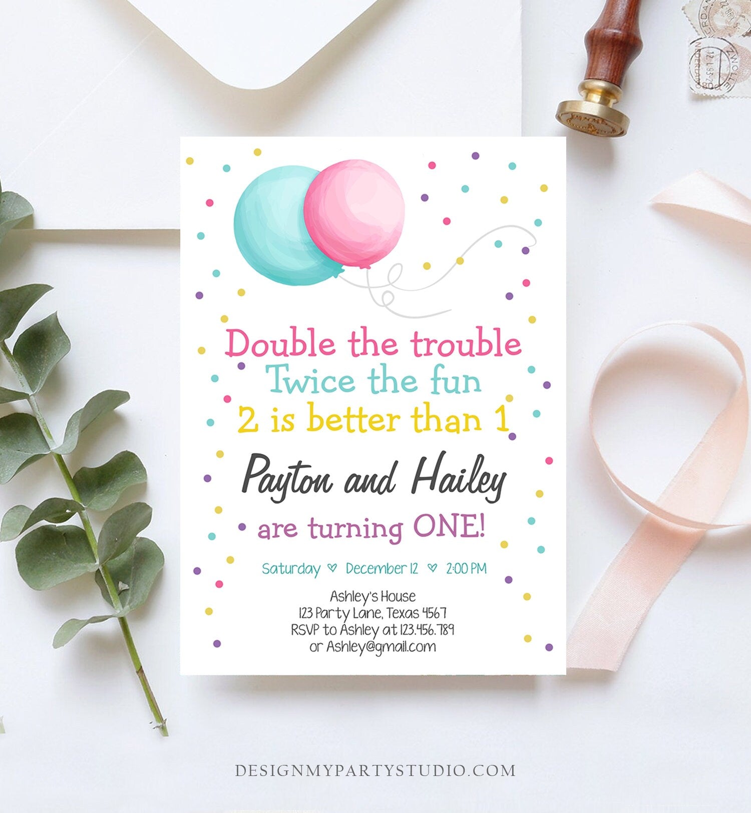Editable Joint Twin Birthday Invitation Twins Birthday Party Dual Birthday Siblings Party Boy and Girl Printable Invite Template Corjl
