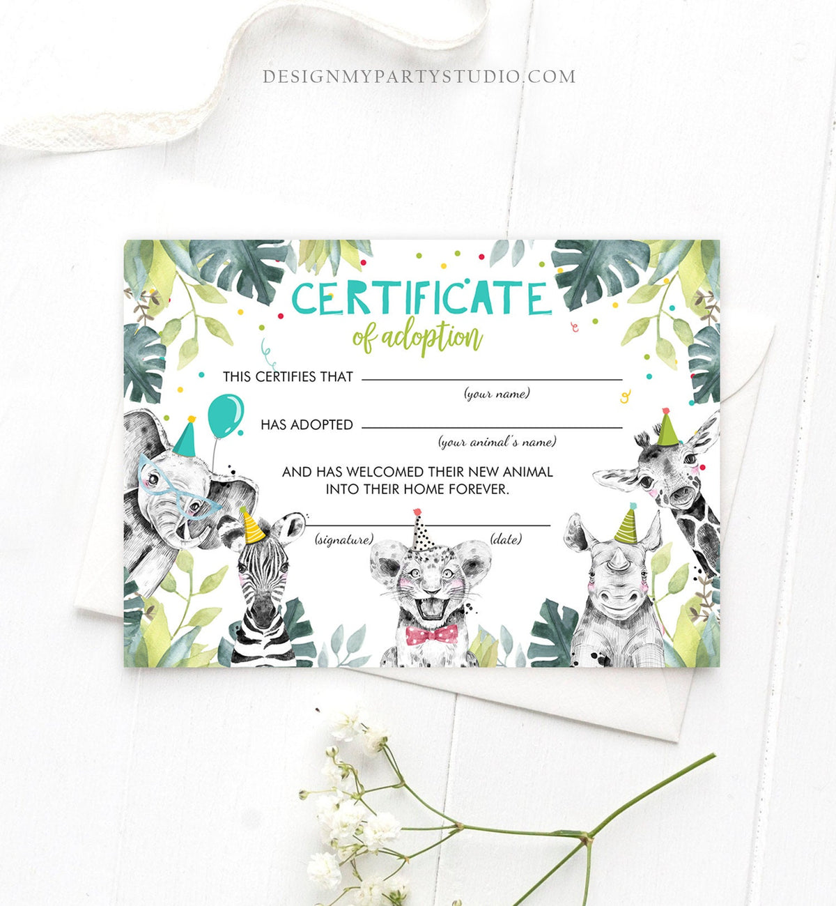Adopt an Animal Adoption Certificate Safari Animals Adoption Wild One Birthday Party Animals Birthday Boy Download Digital PRINTABLE 0322