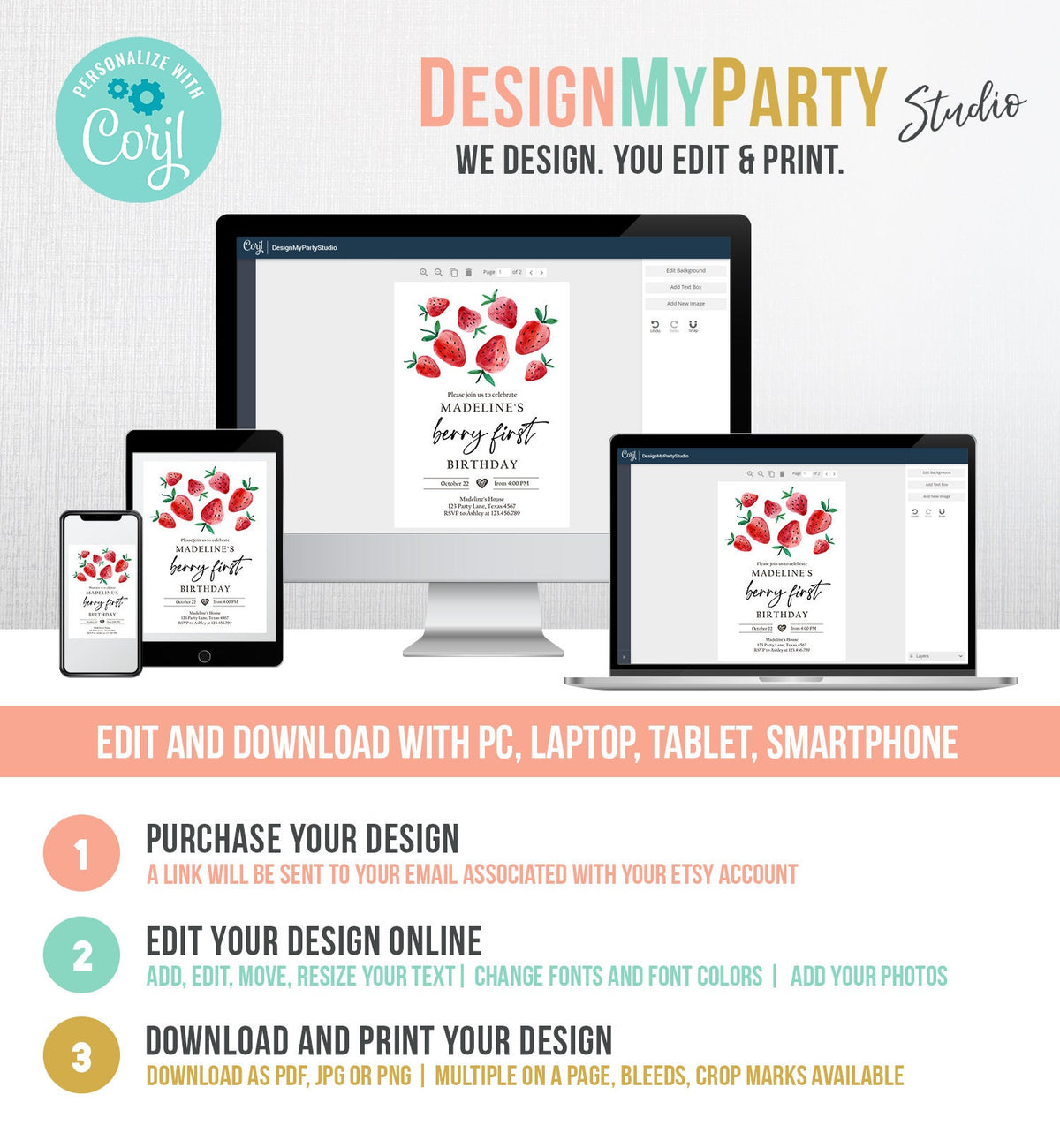 Editable Strawberry Birthday Invitation First Birthday Berry Sweet Girl Cute Strawberries 1st Digital Download Evite Template Printable 0399