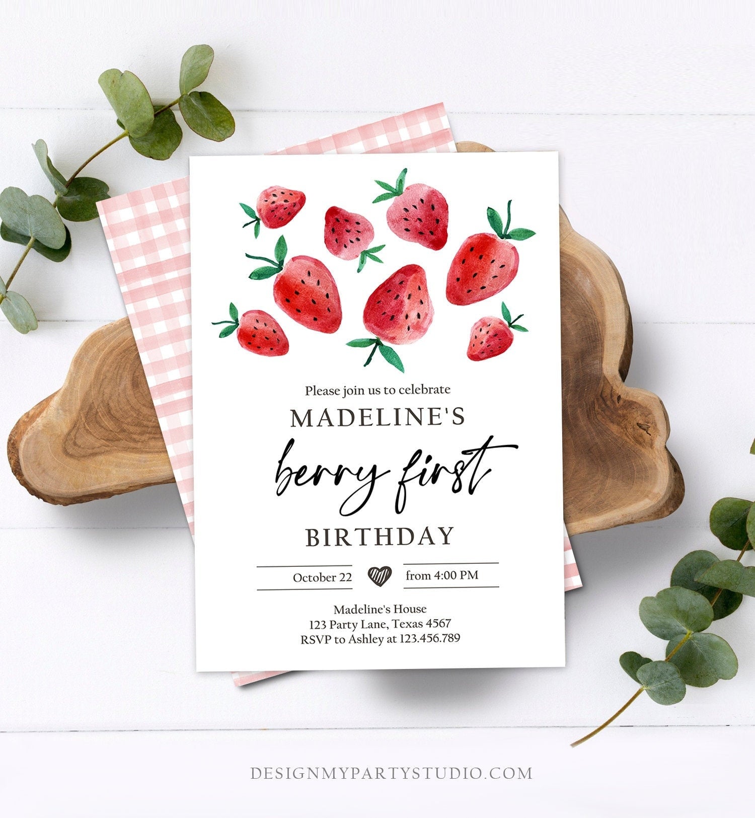 Editable Strawberry Birthday Invitation First Birthday Berry Sweet Girl Cute Strawberries 1st Digital Download Evite Template Printable 0399