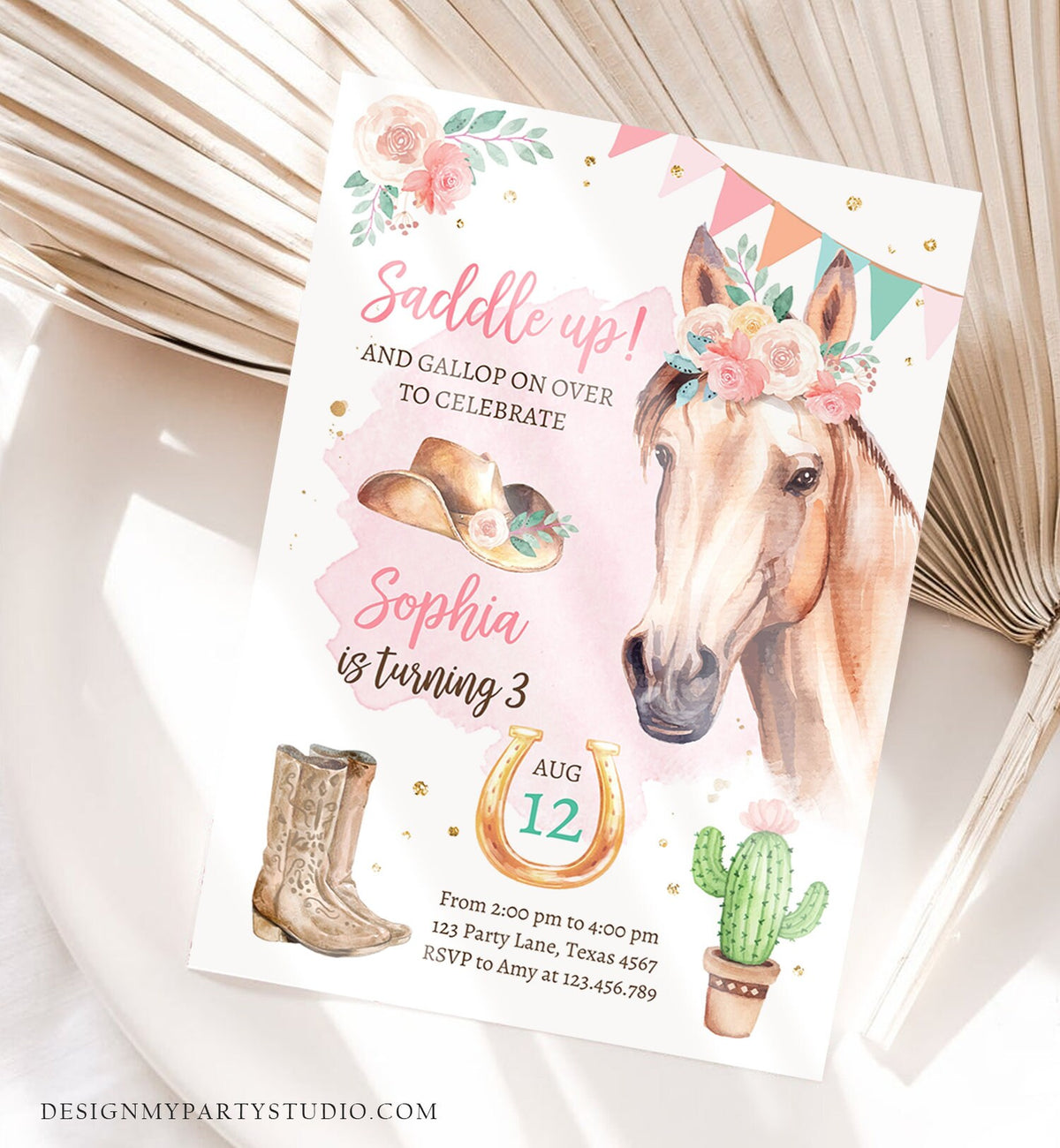 Editable Cowgirl Birthday Invitation Girl Saddle Up Watercolor Horse Party Horse Birthday Pink Digital Download Template Printable 0398