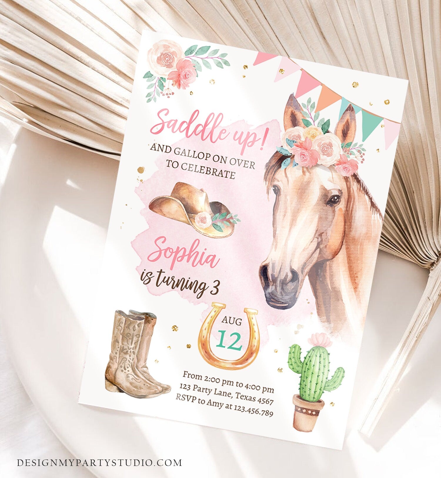 Editable Cowgirl Birthday Invitation Girl Saddle Up Watercolor Horse Party Horse Birthday Pink Digital Download Template Printable 0398