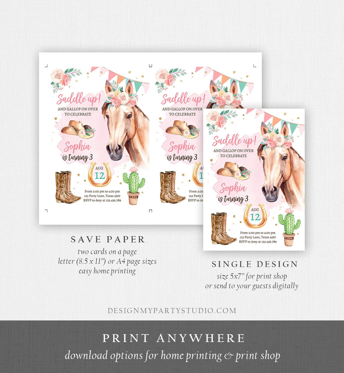 Editable Cowgirl Birthday Invitation Girl Saddle Up Watercolor Horse Party Horse Birthday Pink Digital Download Template Printable 0398