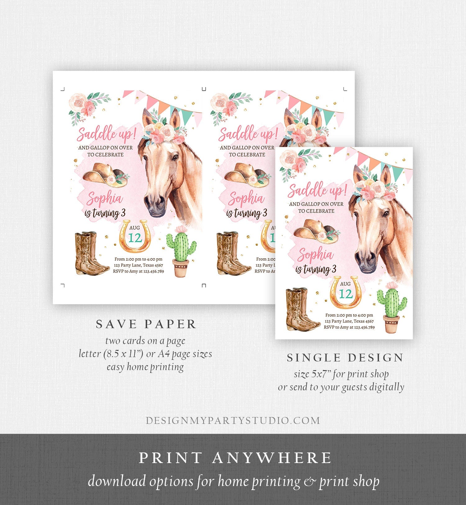 Editable Cowgirl Birthday Invitation Girl Saddle Up Watercolor Horse Party Horse Birthday Pink Digital Download Template Printable 0398