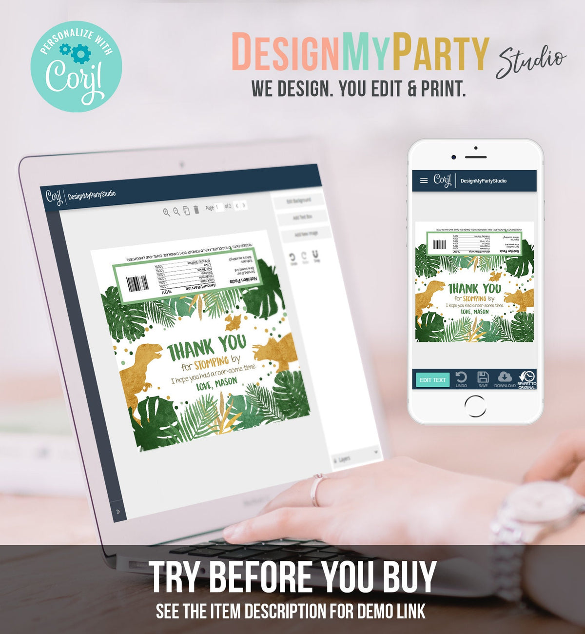 Editable Dinosaur Chocolate Bar Labels Candy Bar Wrapper Safari Tropical Gold Boy Birthday Party Digital Download Template Printable 0146