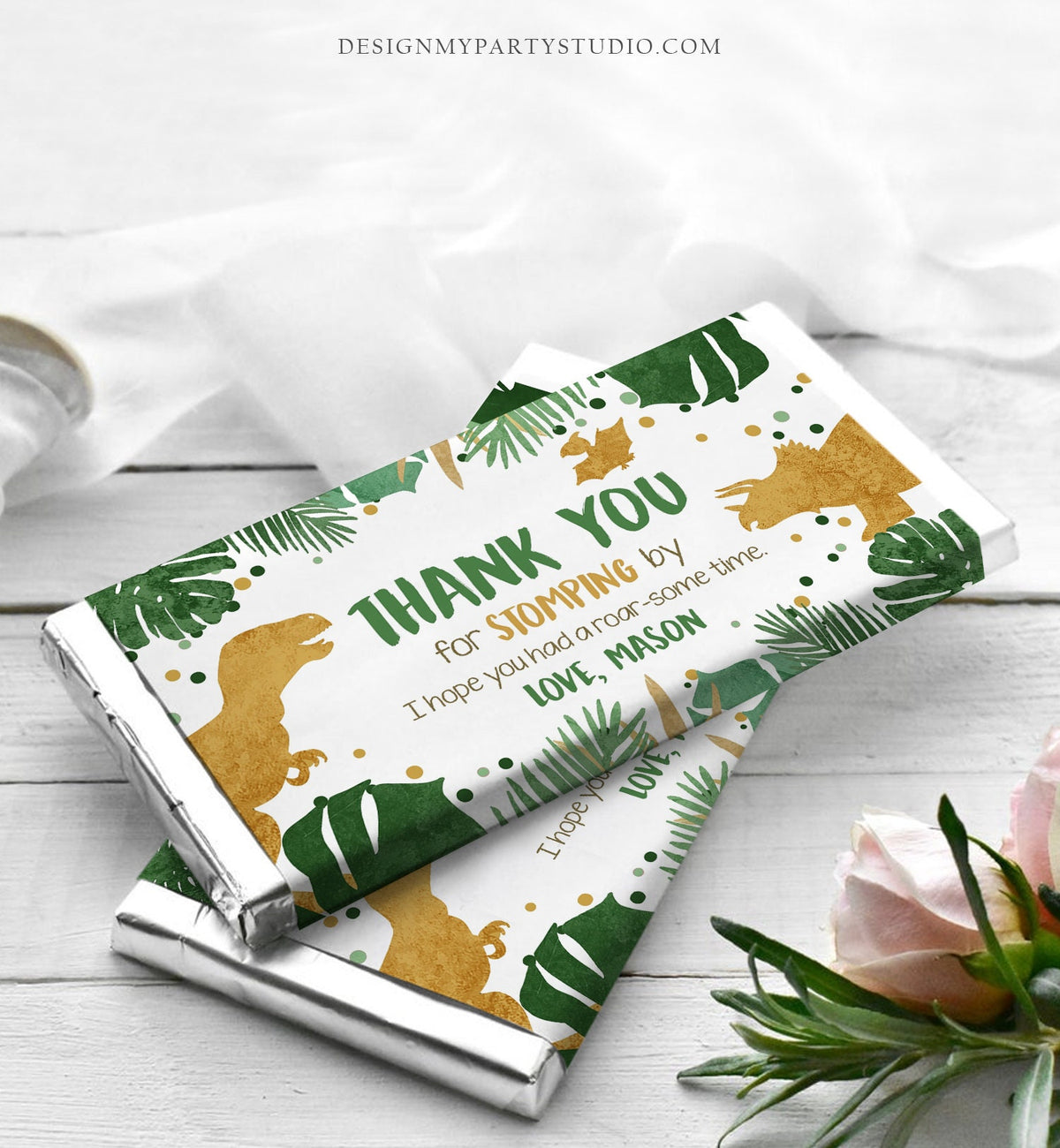 Editable Dinosaur Chocolate Bar Labels Candy Bar Wrapper Safari Tropical Gold Boy Birthday Party Digital Download Template Printable 0146