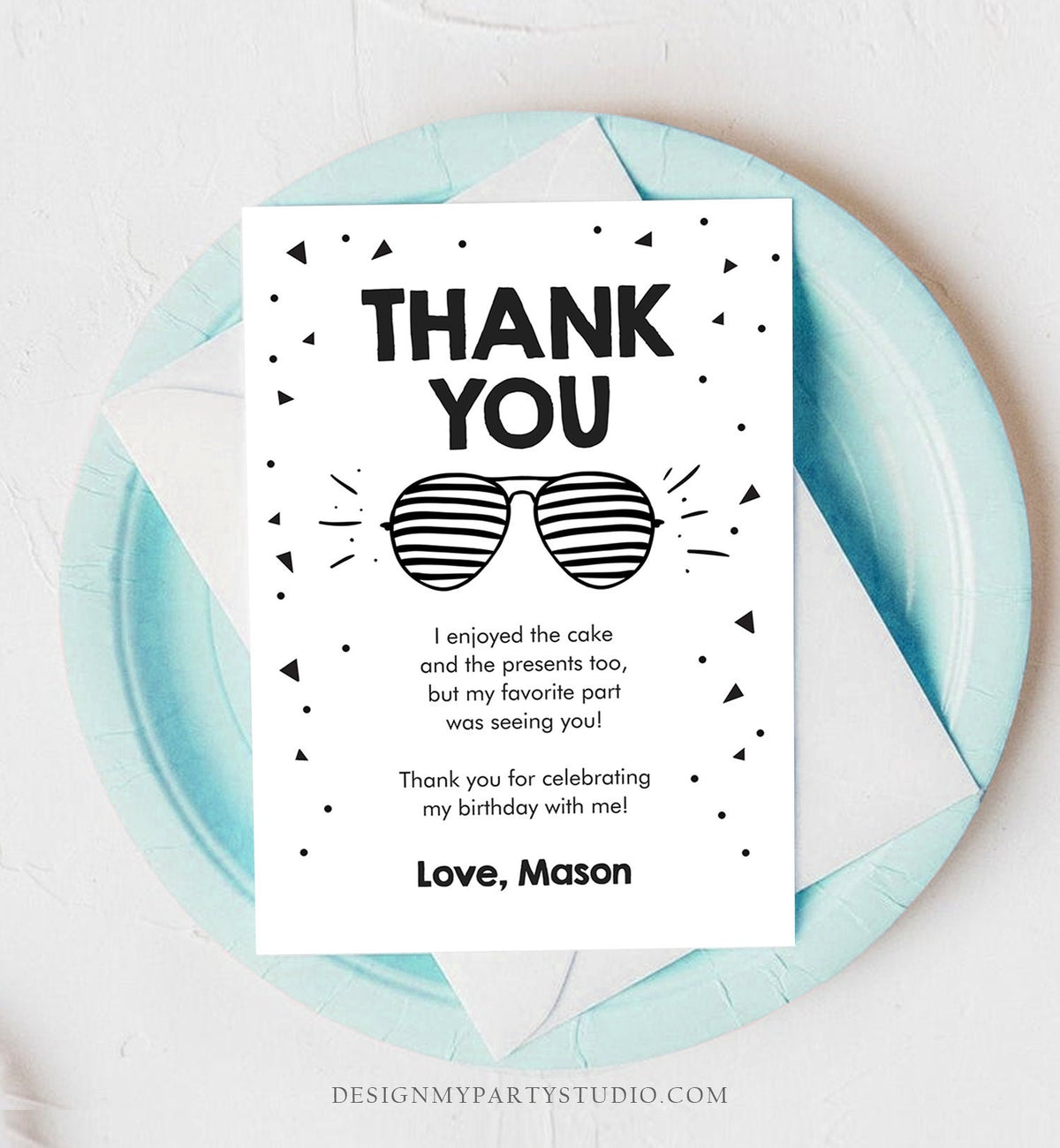 Editable Thank You Card Two Cool Birthday Boy Sunglasses Palm Second Birthday Party Note 2nd White Download Corjl Template Printable 0136