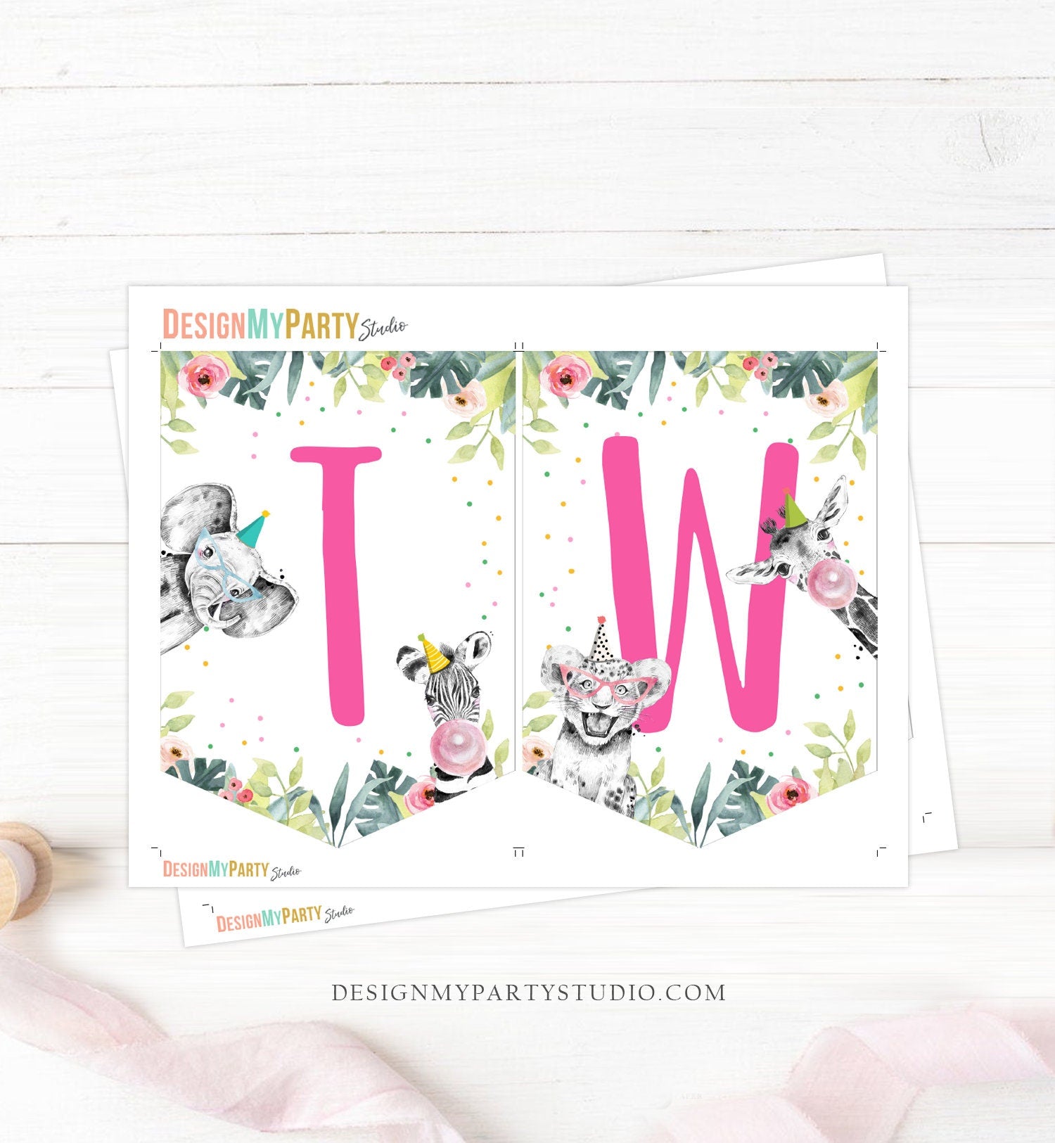 High Chair Banner Safari Animals Pink Party Animals Two Wild Girl Second Birthday 2nd Decorations TWO Banner Digital Download Printable 0322