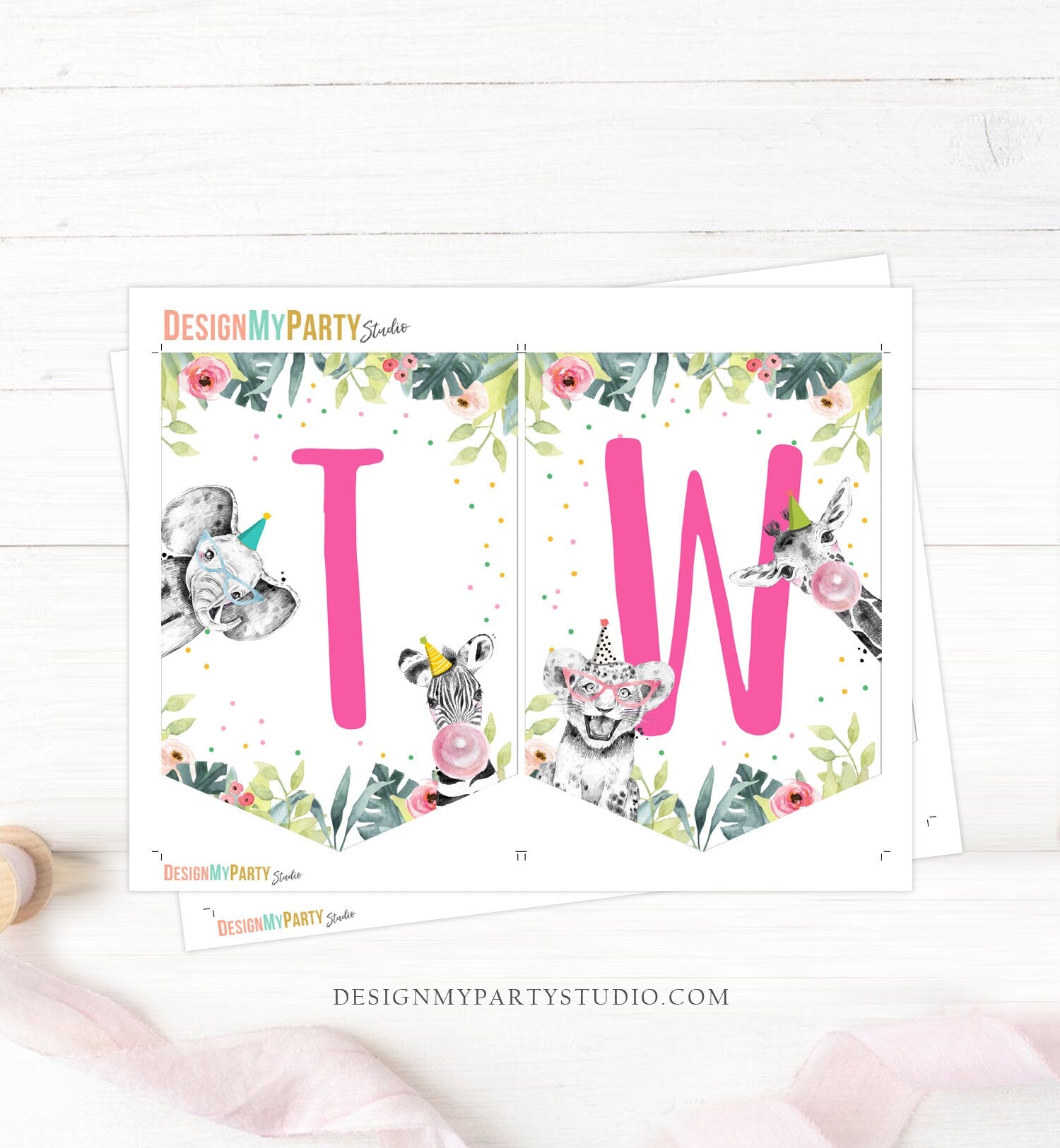 High Chair Banner Safari Animals Pink Party Animals Two Wild Girl Second Birthday 2nd Decorations TWO Banner Download PRINTABLE DIGITAL 0322
