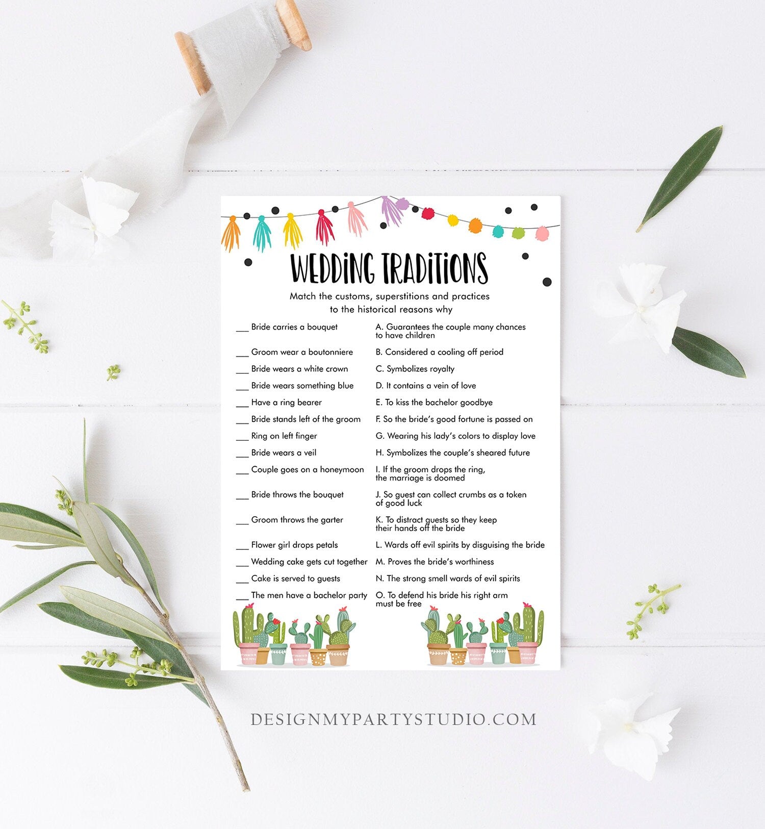 Editable Wedding Traditions Bridal Shower Game Cactus Fiesta Guessing Game Wedding Shower Activity Mexican Corjl Template Printable 0254