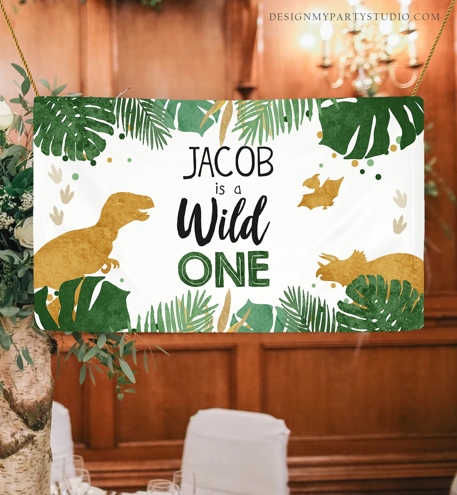 Editable Dinosaur Birthday Backdrop Banner Boy Gold Wild One First Birthday 1st Dino Welcome Sign Download Corjl Template Printable 0146