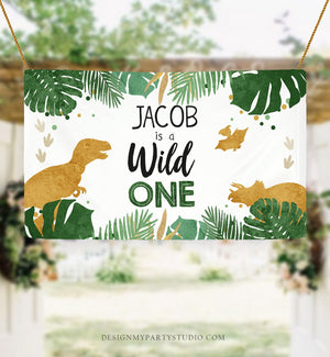 Editable Dinosaur Birthday Backdrop Banner Boy Gold Wild One First Birthday 1st Dino Welcome Sign Download Corjl Template Printable 0146