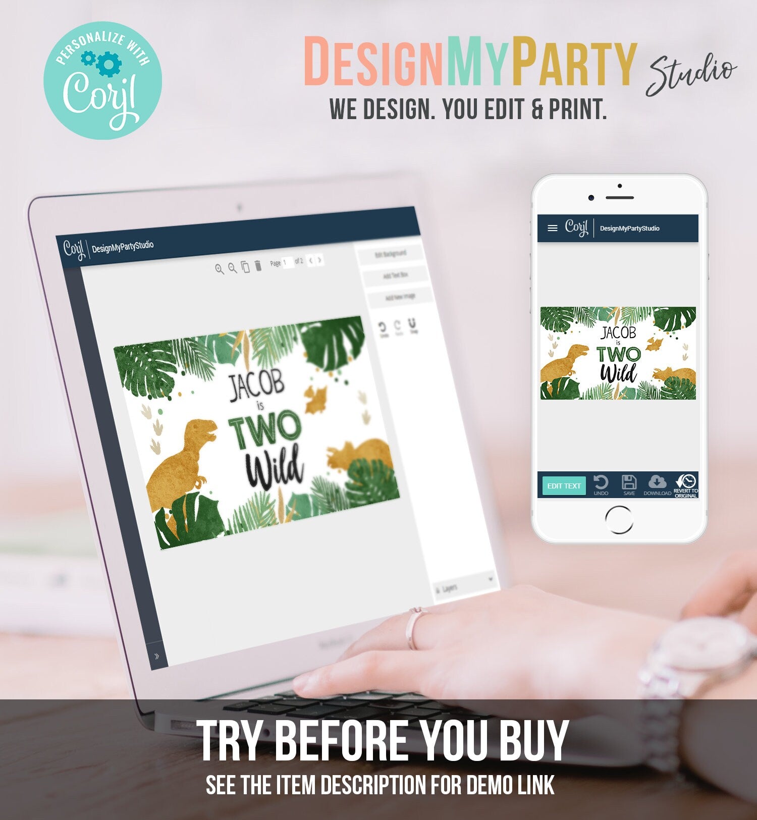 Editable Dinosaur Birthday Backdrop Banner Boy Gold Two Wild Second 2nd Dino Welcome Sign Poster Digital Download Template Printable 0146