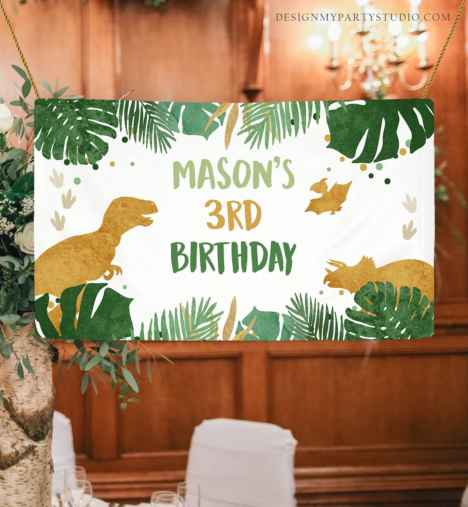 Editable Dinosaur Birthday Backdrop Banner Boy Gold Prehistoric Birthday Dino Party Welcome Sign Digital Download Template Printable 0146