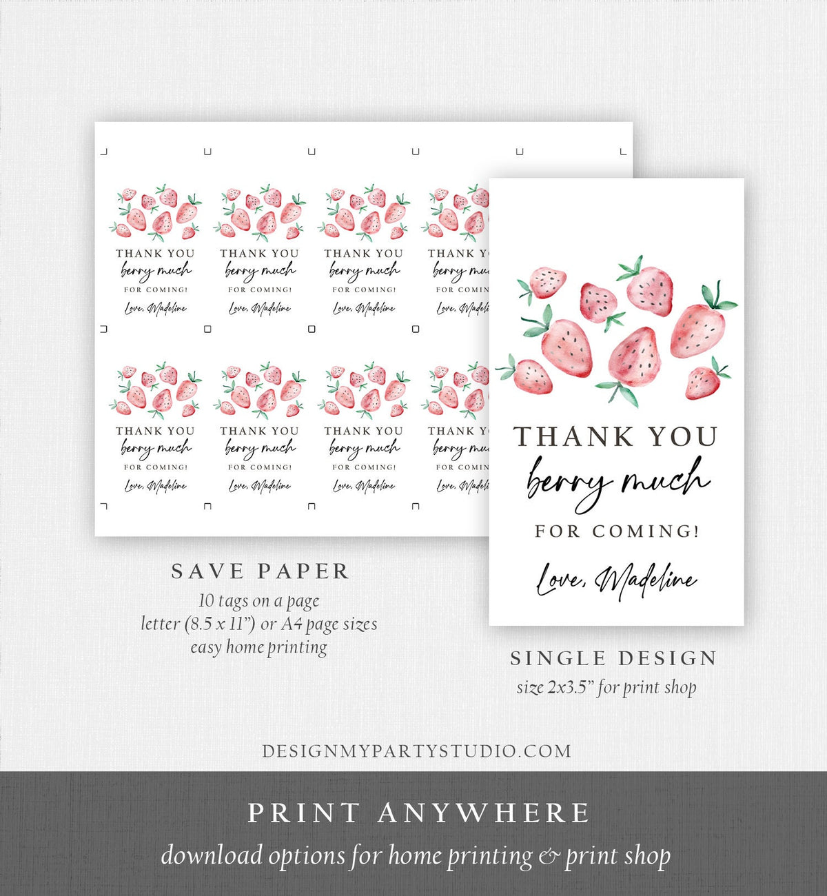 Editable Strawberry Favor Tags Strawberry Birthday Thank you tags Label Berry Much Gift tags Farmers Market Digital Template Printable 0399