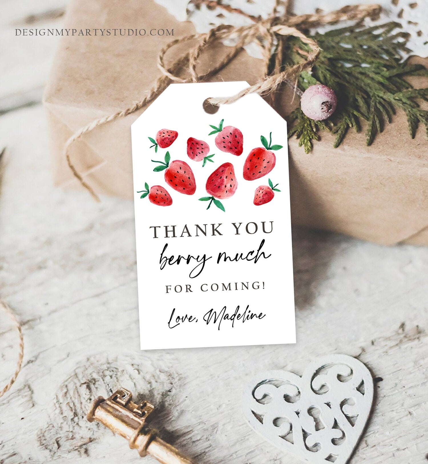 Editable Strawberry Favor Tags Strawberry Birthday Thank you tags Label Berry Much Gift tags Berry First Sweet Template PRINTABLE Corjl 0399