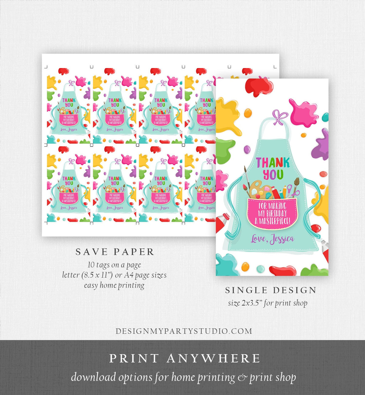 Editable Art Party Favor Tags Painting Party Thank You Tag Gift Tag Art Birthday Girl Pink Craft Paint Brush Corjl Template Printable 0319