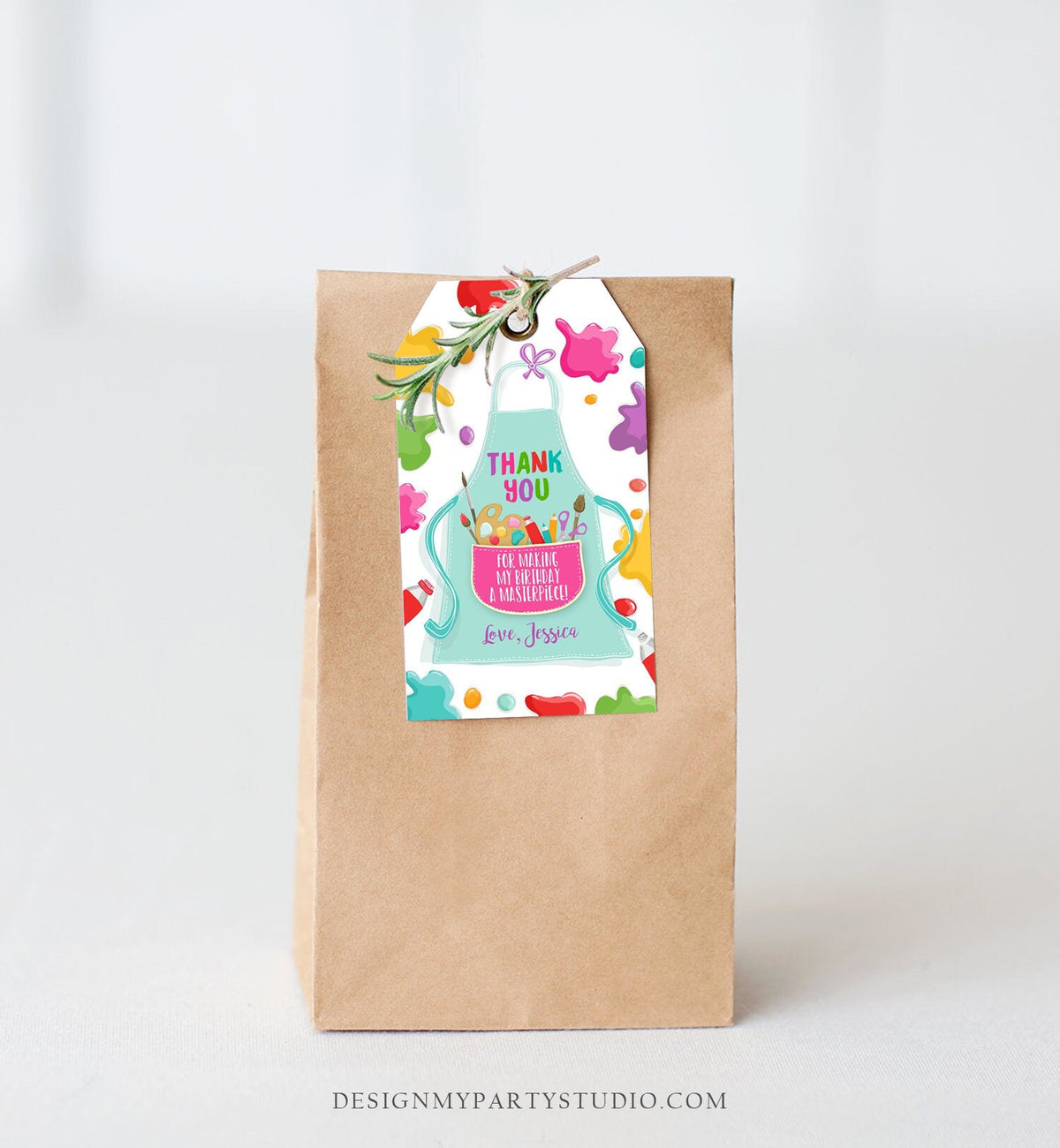 Editable Art Party Favor Tags Painting Party Thank You Tag Gift Tag Art Birthday Girl Pink Craft Paint Brush Corjl Template Printable 0319