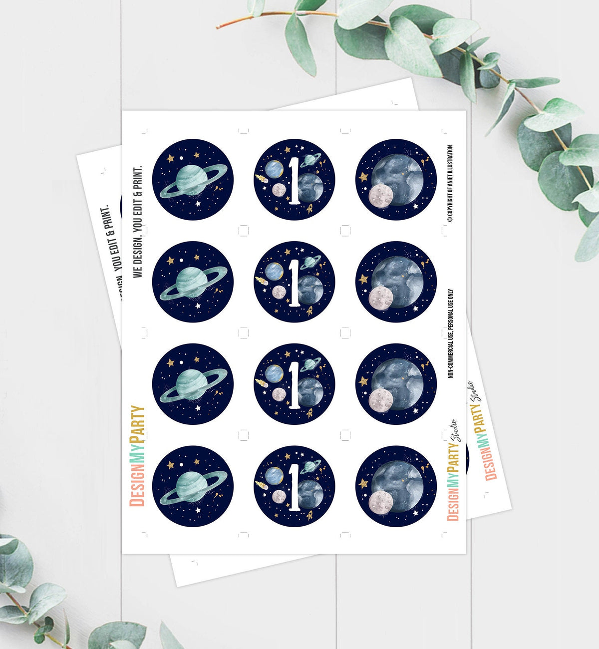 Outer Space Birthday Cupcake Toppers First Trip Around the Sun Favor Tags Space Birthday Planets Galaxy Boy Download Digital Printable 0357