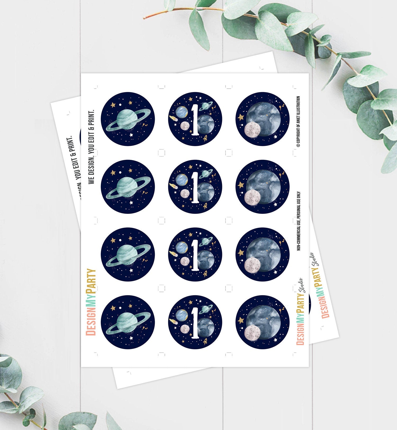 Outer Space Birthday Cupcake Toppers First Trip Around the Sun Favor Tags Space Birthday Planets Galaxy Boy Download Digital Printable 0357